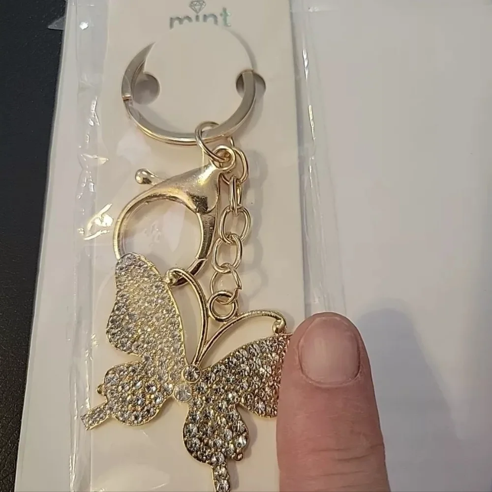 Butterfly Rhinestone Crystal Charm Gold Keychain For Purse, Luggage Add On Charm